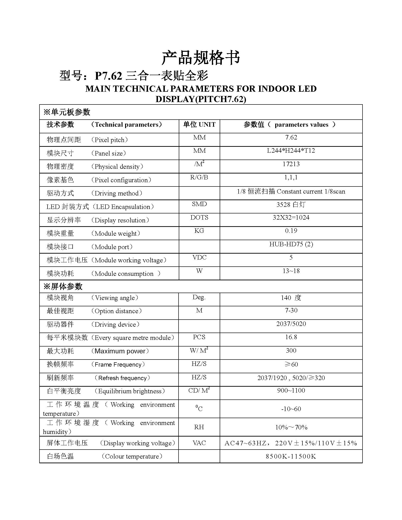 p7.62室内全彩244x244模組規格書(shū)